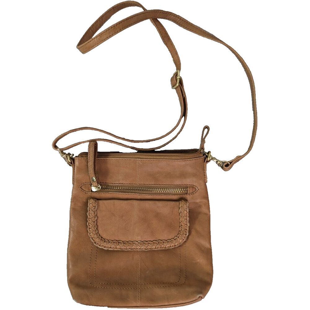 Unbranded Womens Brown‎ Leather Crossbody Bag Braided Detail Pockets Boho Casual